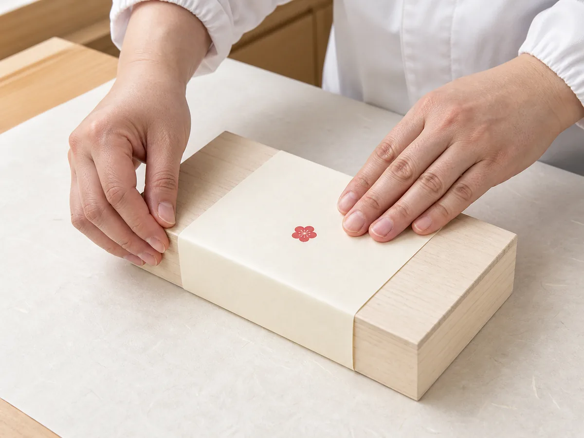 白木の折箱に掛け紙を掛ける手元